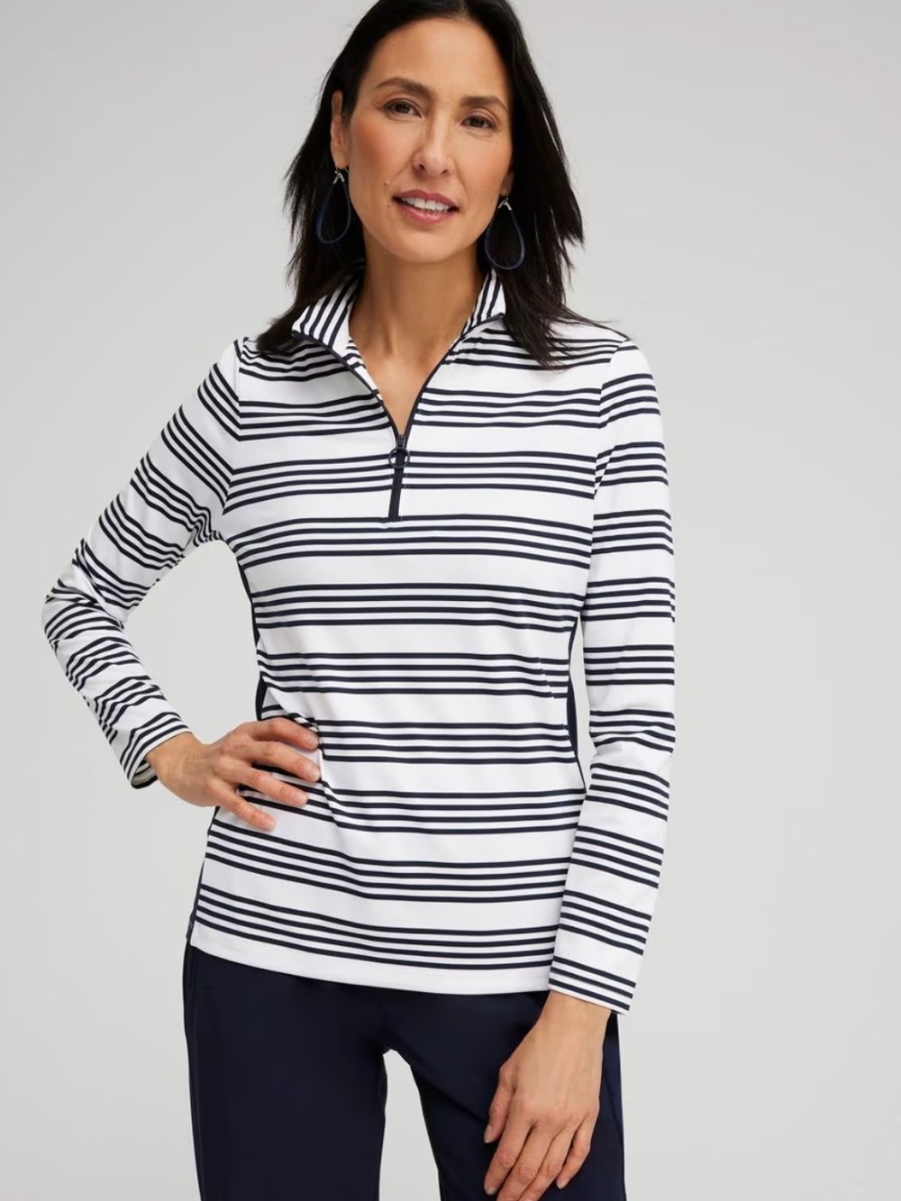 Chicos Zenergy UPF Black White Stripe 1/4 Zip Long Sleeve Golf Top Women’s XXL